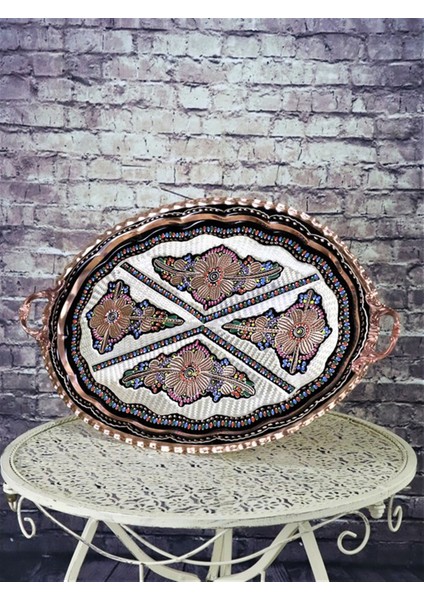 1 mm Kalın Gül Çiçek Oval Bakır Tepsi