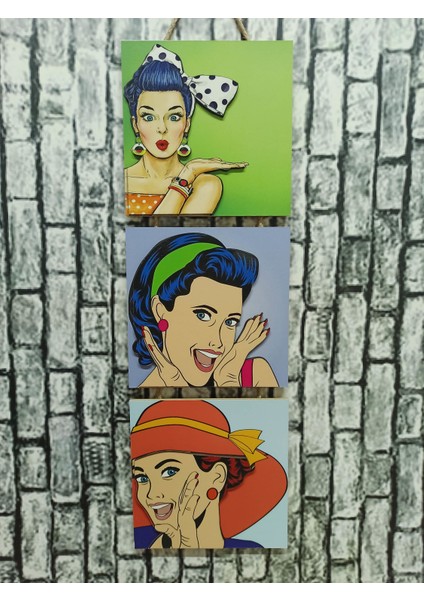 Retro Time Pretty Woman Kabartmalı Baskılı 3'lü Tablo Vintage
