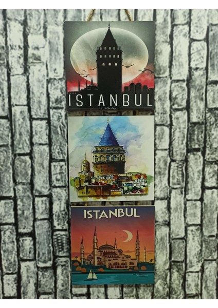 Istanbul Galata Ayasofya Kabartmalı Baskılı 3'lü Tablo