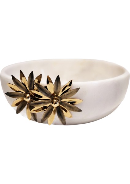 Lux & Marble Solis Bowl - Çiçekli Beyaz Mermer Kase