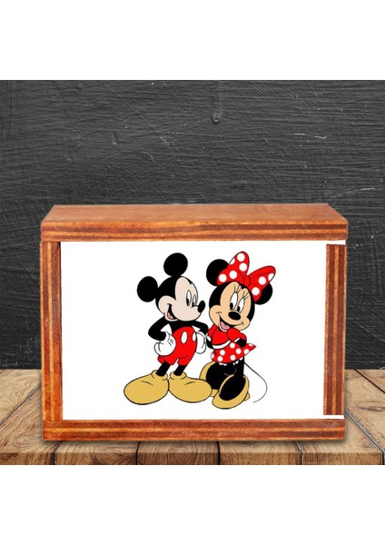 Mickey Mouse ve Minnie Mouse Tasarımlı Ahşap Doğal Kutulu Kupa 2