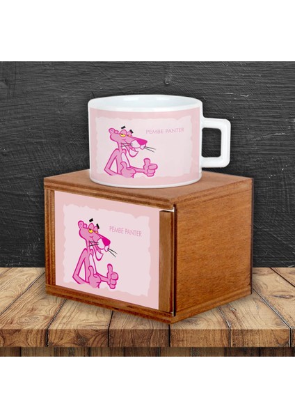 Pembe Panter Temalı Ahşap Doğal Kutulu Kupa