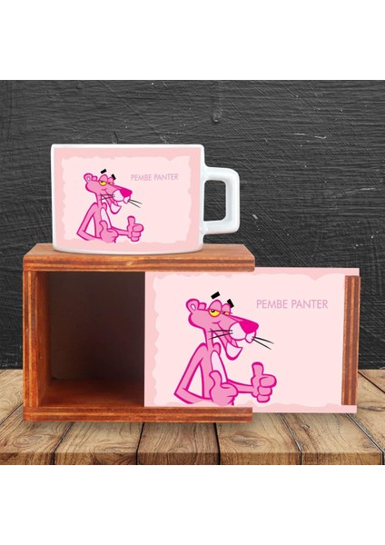Pembe Panter Temalı Ahşap Doğal Kutulu Kupa