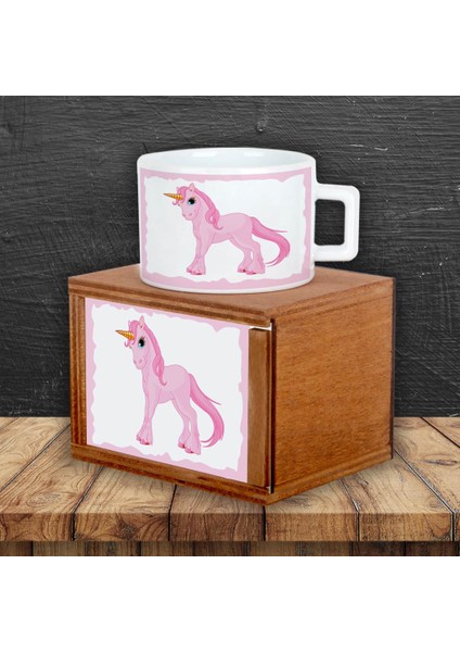 Rüyalar Ülkesi Pembe Unicorn Temalı Ahşap Doğal Kutulu Kupa