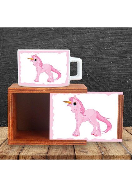 Rüyalar Ülkesi Pembe Unicorn Temalı Ahşap Doğal Kutulu Kupa