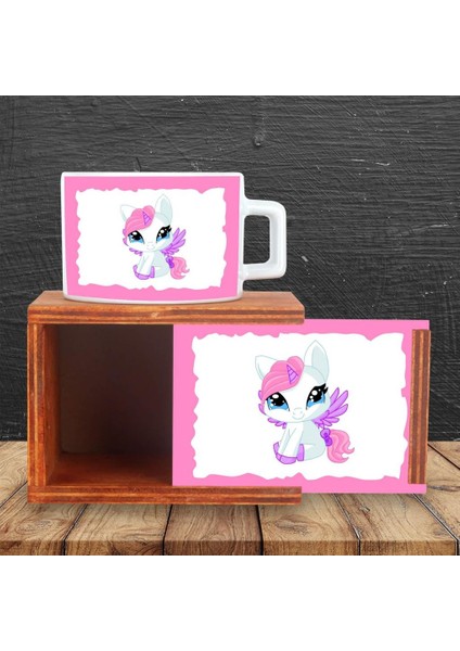 Sevimli Papcik Unicorn Temalı Ahşap Doğal Kutulu Kupa