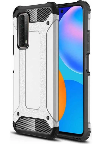 Case 4U Huawei P Smart 2021 Kılıf Military Armor Çift Katmanlı Crash Silikon Kılıf Gümüş