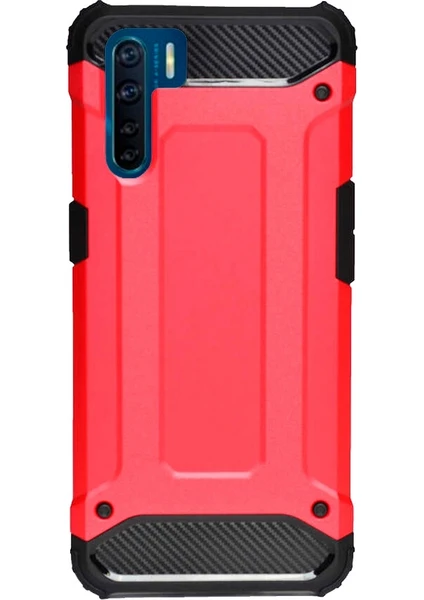 Case 4U Oppo A91 Kılıf Military Armor Çift Katmanlı Crash Silikon Kılıf Kırmızı