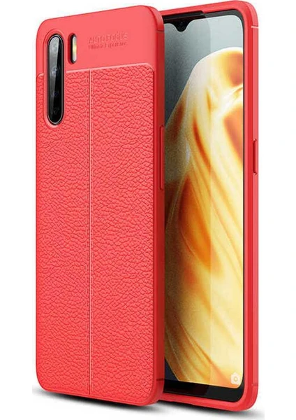 Case 4U Oppo A91 Kılıf Rugan Armor Deri Görünümlü Yüksek Kalite Silikon Niss Kırmızı