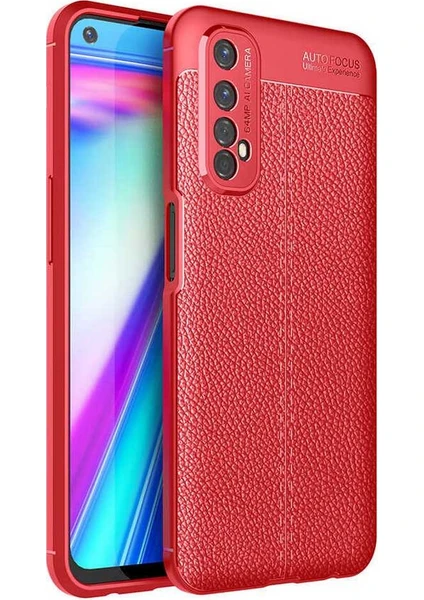 Case 4U Oppo Realme 7 Kılıf Rugan Armor Deri Görünümlü Yüksek Kalite Silikon Niss Kırmızı