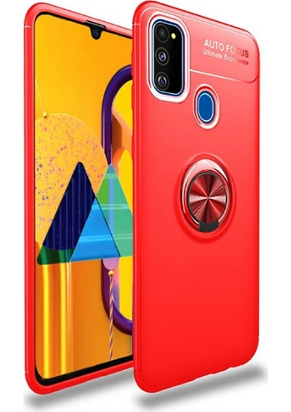 Case 4U Samsung Galaxy M21 Uyumlu Kılıf Autofocus Shockprof Ravel Yüzüklü Standlı Slikon Kapak Kırmızı