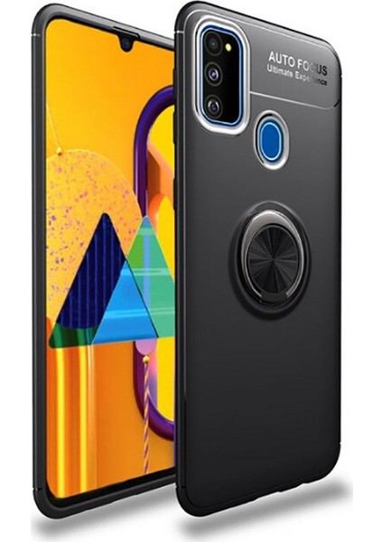 Samsung Galaxy M21 Kılıf Autofocus Shockprof Ravel Yüzüklü Standlı Slikon Kapak Siyah