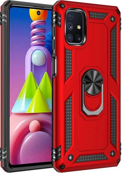 Case 4U Samsung Galaxy M51 Kılıf Çift Katmanlı Yüzüklü Manyetik Vega Kapak Kırmızı