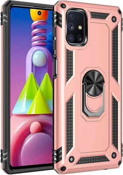 Case 4U Samsung Galaxy M51 Kılıf Çift Katmanlı Yüzüklü Manyetik Vega Kapak Rose Gold