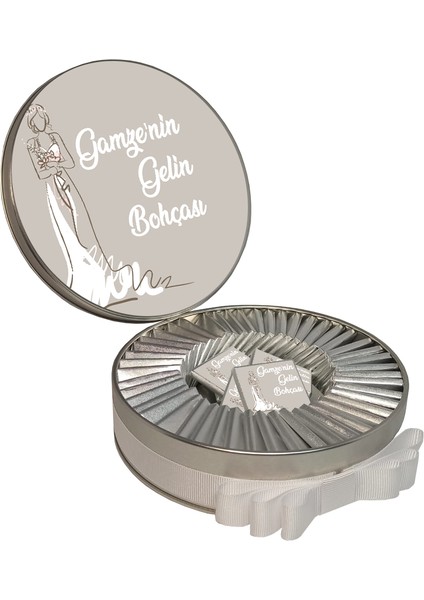 Isimli Gelin Bohçası Çikolatası (55 'li Madlen Çikolata) Gümüş Metal Kutu