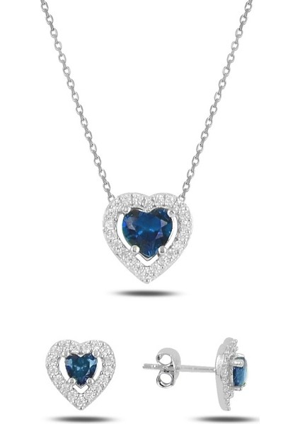 Rodyum Kaplama Safir Zirkon (Lacivert) Kalp Renkli Zirkon Taşlı Tektaş Gümüş Kadın Set