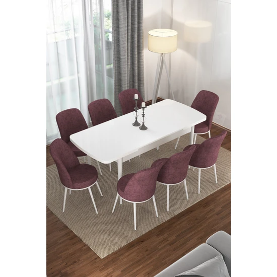 Canisa Concept Via Serisi Açılabilir Beyaz Renk Mutfak Masası Takımı, Yemek Masası+8 Adet Sandalye