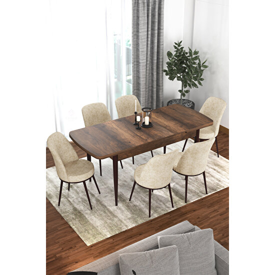 Canisa Concept Via Serisi Açılabilir Barok Ahşap Desenli Mutfak Masası Takımı, Yemek Masası+6 Adet Sandalye