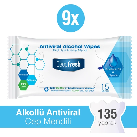 Deep Fresh Alkollü Antiviral ve Antibakteriyel Islak Cep Mendili 9 x 15 Yaprak