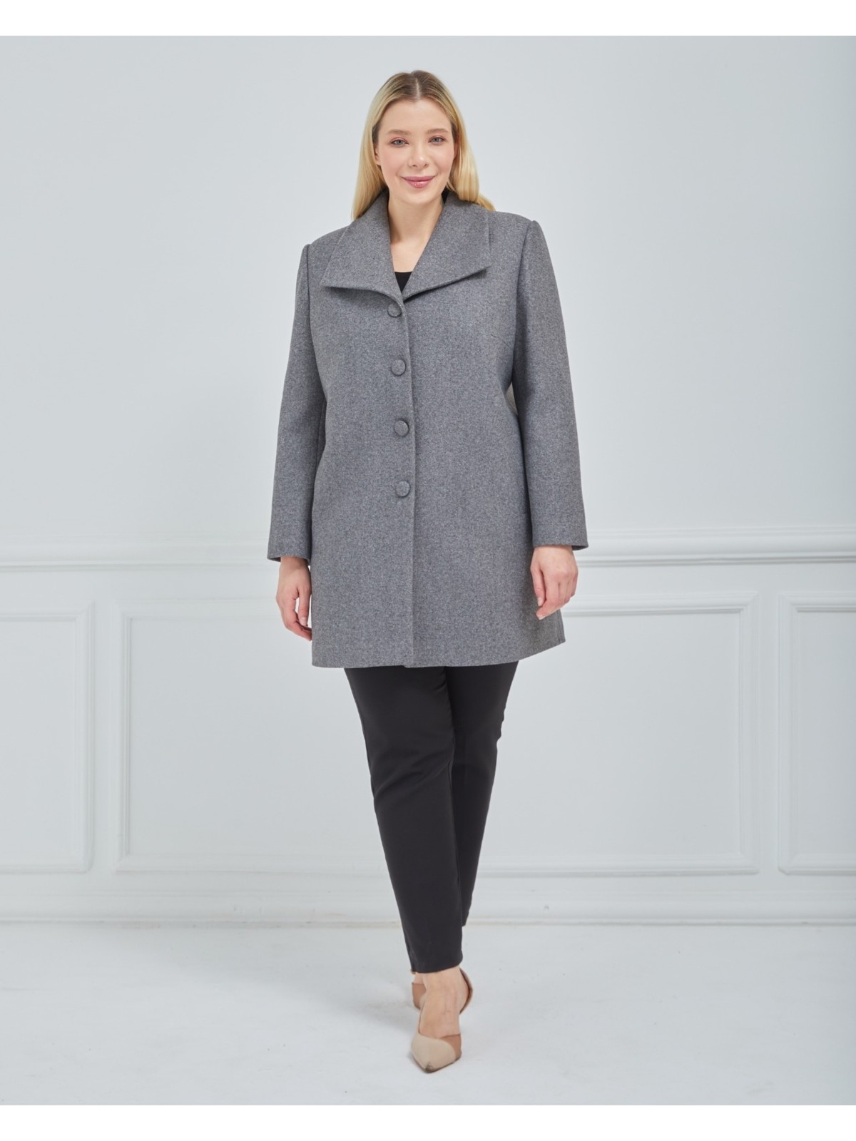 Fagi Kadın Büyük Beden Gri Mendil Yaka Kaban