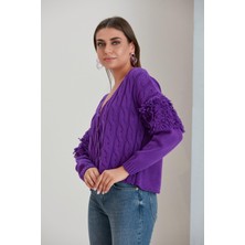 Nurneva Kolları Püsküllü Örgülü Hırka Mor