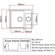 Granite Rising 1,5 Gözlü-SİYAH RENK -  60X50 cm Granit Eviye