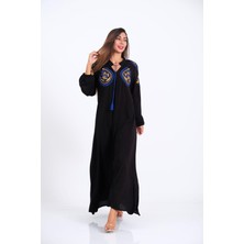 Keyifli Moda Kadın Siyah Göğsü ve Kolları Nakışlı Püsküllü Balon Kol Uzun Elbise
