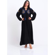 Keyifli Moda Kadın Siyah Göğsü ve Kolları Nakışlı Püsküllü Balon Kol Uzun Elbise