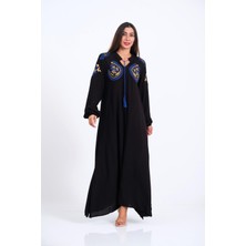 Keyifli Moda Kadın Siyah Göğsü ve Kolları Nakışlı Püsküllü Balon Kol Uzun Elbise