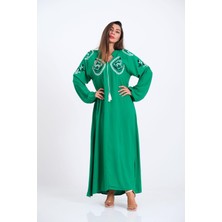 Keyifli Moda Kadın Yeşil Göğsü ve Kolları Nakışlı Püsküllü Balon Kol Uzun Elbise