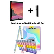 TEKNETSTORE Ipad 8. ve 9. Nesil 10.2 Inç 2020 / 2021 Uyumlu Kedi Kılıf Standlı Askılı Eğlenceli 3'lü Set