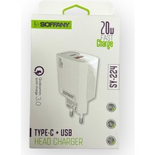 Soffany 20W Fast Charge Type-C +Usb Girişli Şarj Başlığı