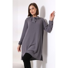 Ladies Yakası Kurdela Bağlamalı Tunik 21049 Koyu Gri