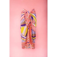 Pistore Özel Mor Sarı ve Somon Desenli Kısa Pareo Saten Kadın Plaj Elbisesi Yeni Sezon