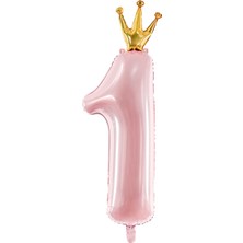 Taçlı 1 Rakam Pembe Folyo Balon 90 cm