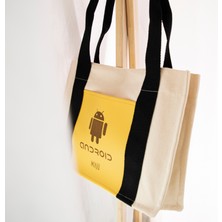 Miaju Android Desenli Deri Cepli Kanvas Tote Bag, Orta Boy Kadın Kol ve Omuz Çantası, 35X25 Cm, Iç Cepli