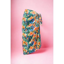 Pistore Pembe Turuncu Yaprak Desenli Uzun Pareo Saten Iç Göstermez Kadın Plaj Elbisesi Yeni Sezon