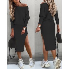 Webmoda Kadın Uzun Kollu Düşük Omuz Yırtmaç Detay Kaşkorse Etek Bluz Ikili Takım