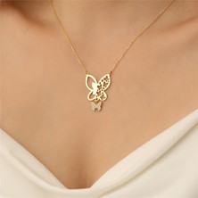 Nox Jewelry 14 Ayar Mikron Altın Kaplama Sallantılı Kelebek Gümüş Kolye – Taşlı Kadın Kolye - CNS00106