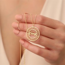 Nox Jewelry 14 Ayar Altın Mikron Kaplama Kalp Çerçeveli Yuvarlak Kişiye Özel İsim Gümüş Kolye - CN00155