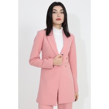 Albi Moda Omuzları Vatkalı Önü Çıtçıtlı Atlas Kumaş Kadın Blazer Ceket - Pudra