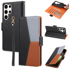 Seashell Digital Samsung Galaxy S23 Ultra Için Pu Deri Telefon Cüzdan Kılıfı, Üç Renkli Ekleme Litchi Doku Telefon Stand Kapağı Strap-Black (Yurt Dışından)