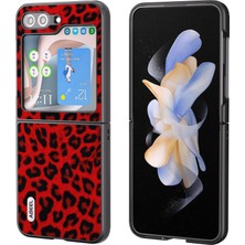 Seashell Digital Samsung Galaxy Z Flip5 5g Leopar Desen Telefon Kılıfı Pu Deri+Pc Geri Kabuk Kırmızı (Yurt Dışından)