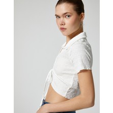 Koton Crop Polo Yaka Tişört Önden Büzgülü Bağlamalı Dokulu