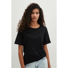 Tena Kadın Siyah Bisiklet Yaka Oversize Basic Süprem Tişört