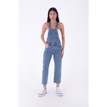Yanları Düğme detaylı Dekoratif Cepli Astarsız Mom Fit Kadın Kot Tulum Orta Mavi Denim Dört Mevsim