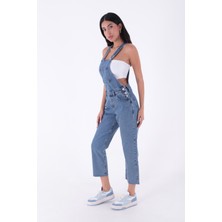 Yanları Düğme detaylı Dekoratif Cepli Astarsız Mom Fit Kadın Kot Tulum Orta Mavi Denim Dört Mevsim