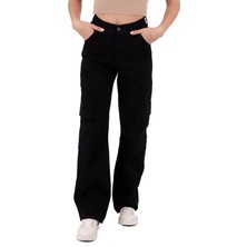 Kargo Cepli Detaylı ve Yüksek Belli Tam Boy Hip-Hop Relaxed Kadın Kargo Kot Pantolon Siyah Denim
