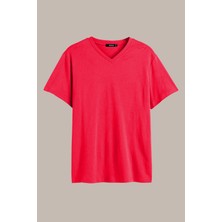 Mmetalic Erkek Kırmızı Slim Fit Pamuklu Kısa Kollu V Yaka T-Shirt