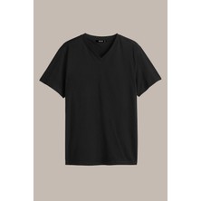 Mmetalic Erkek Siyah Slim Fit Pamuklu Kısa Kollu V Yaka T-Shirt
